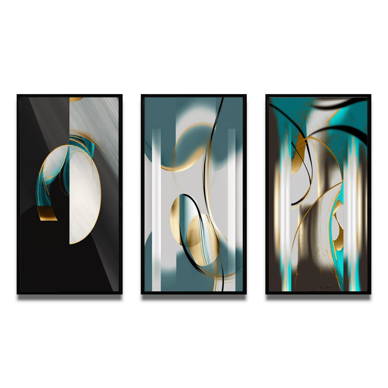«GOLD TEAL Geometric Elegance Unveilé», 3 pièces sur toile, Cadre flottant noir, H 40 po x l 60 po