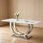 Table de salle à manger rectangulaire de 69,30 pouces, moderne simple, plateau en marbre, plateau en panneau de fibres à densité moyenne, surface de miroir en acier inoxydable de couleur argent, pouvant accueillir 4 à 6 personnes, motif en marbre blanc, miroir argenté.