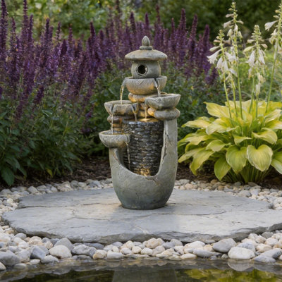 62cm Zen Water Fountain, Stacked Pebble Texture, Floor-Standing Electric Water Feature with Lights
