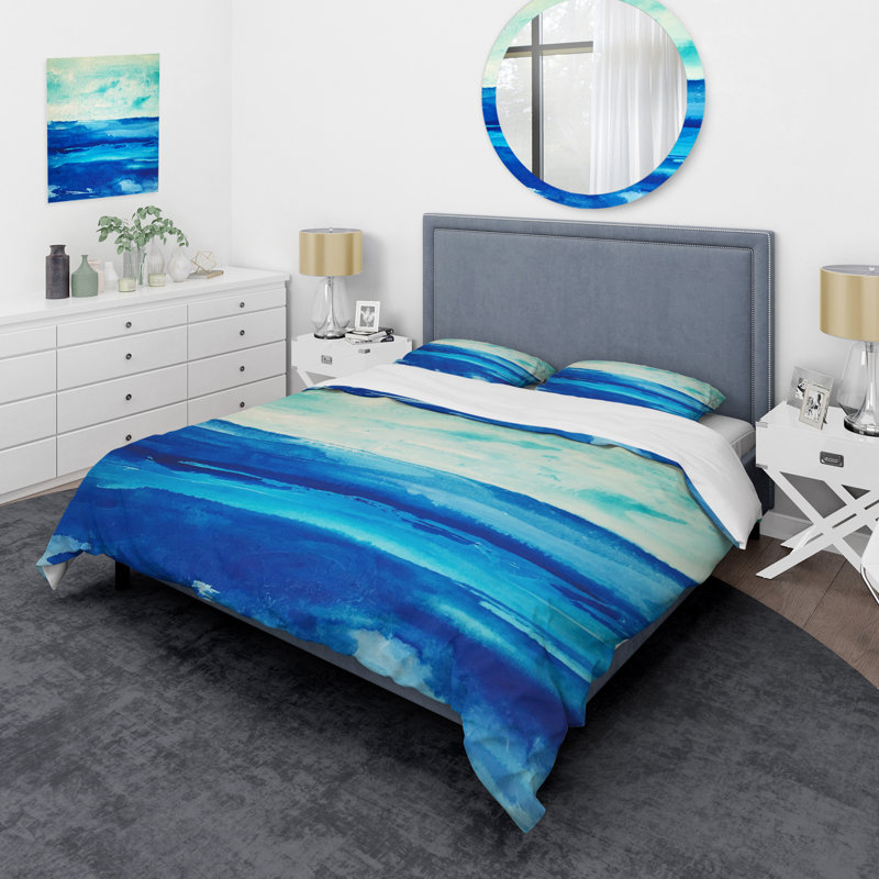 Abstract Duvet Cover Set - Blue Microfiber Coastal, Twin Duvet Cover + 1 Sham