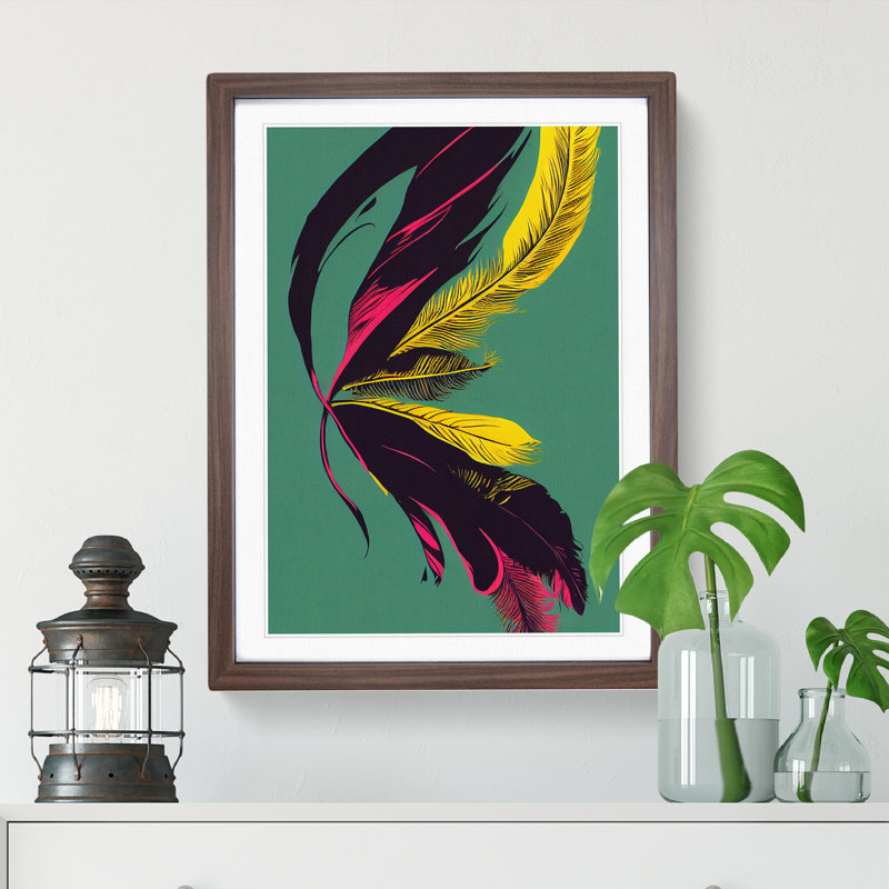Colourful Feather No.4 - Wall Art, 66cm H x 48cm W x 2cm D, Walnut Framed, White