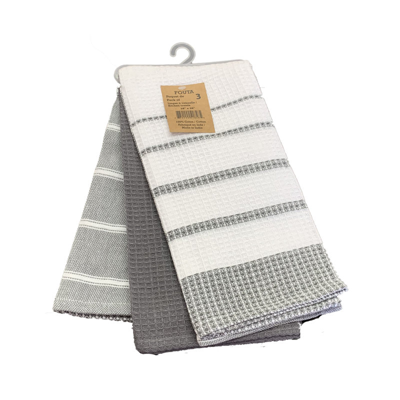 Cannady Cotton Stripe Waffle Tea Towel Kitchen Towel, Gray, 32" L x 22" W