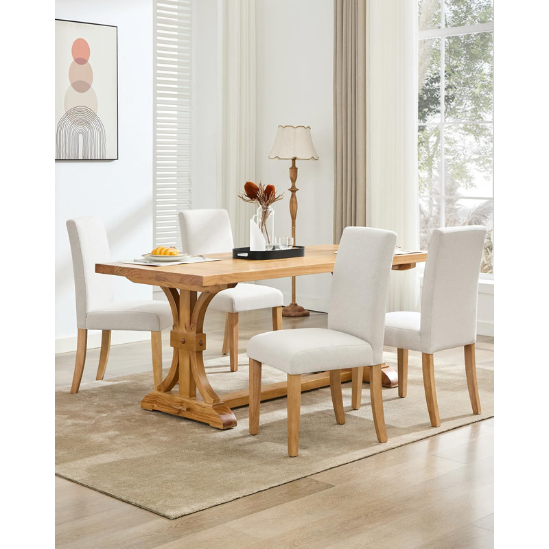 Upholstered Dining Chair, Natural Wood, White, White