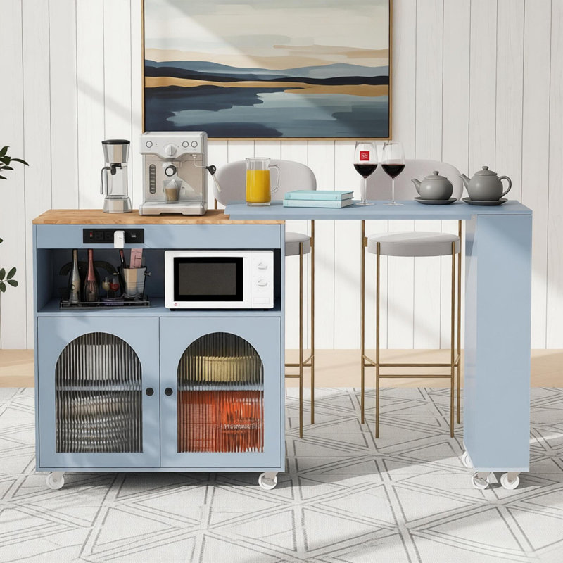 Rolling Kitchen Island With Extended Table, Kitchen Island On Wheels With Led Lights,power Outlets And 2 Fluted Glass Doors, Kitchen Island With A Storage Compartment And Side 3 Open Shelves, Grey