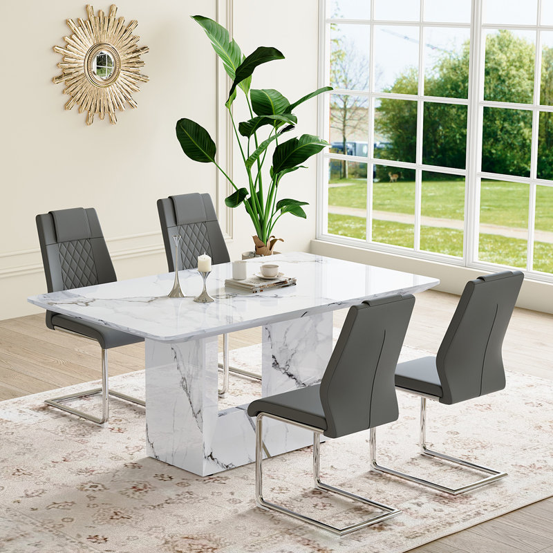 63" Dining Table Set for 4, Modern MDF Dining Table and Chairs with Faux Leather Upholstered Seats, Gray/Silver, White