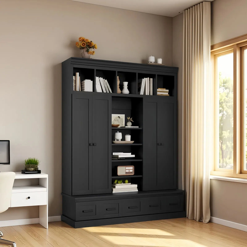 78'H Bookshelf With Bench And 5 Storage Cubbies, 4 Doors, 5 Drawers And Adjustable Shelves, Black