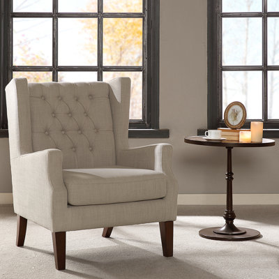 Solid Wood Chair With Button Back And Detachable Cushion, High Foam, Legs, Beige, 30.375"w X 30.5"d 39.87"h Foam Filled Upholstery, Removable 30.5"w 30.49"d