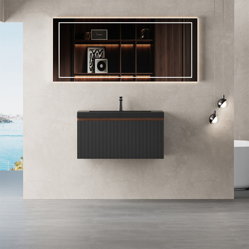 Meuble-lavabo flottant 30 po avec lavabo, armoire de rangement murale, tiroirs à fermeture en douceur, cuve à sable en quartz noir