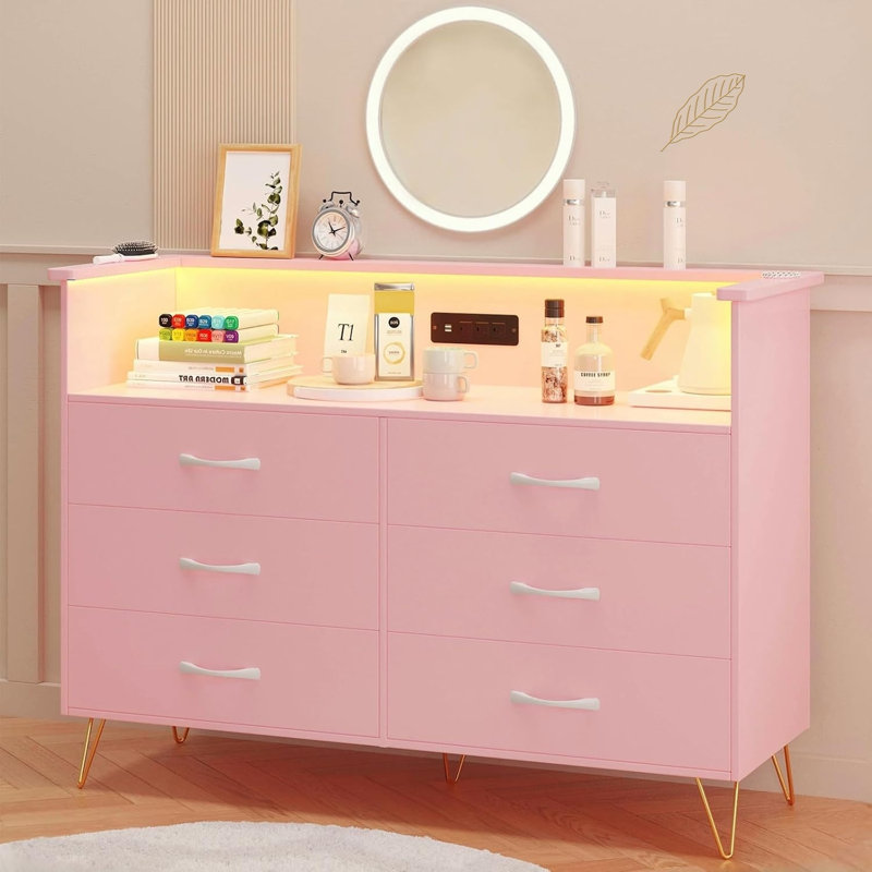 Grande commode pour chambre à coucher avec prise de courant et armoire de rangement à 6 tiroirs à DEL, Rose