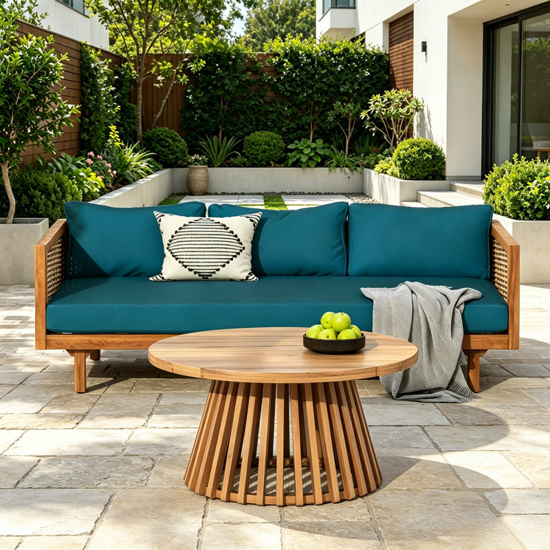 Ensemble de patio d'extérieur 2 pièces en bois d'acacia, canapé de conversation avec table basse ronde à lattes pour balcon de jardin
