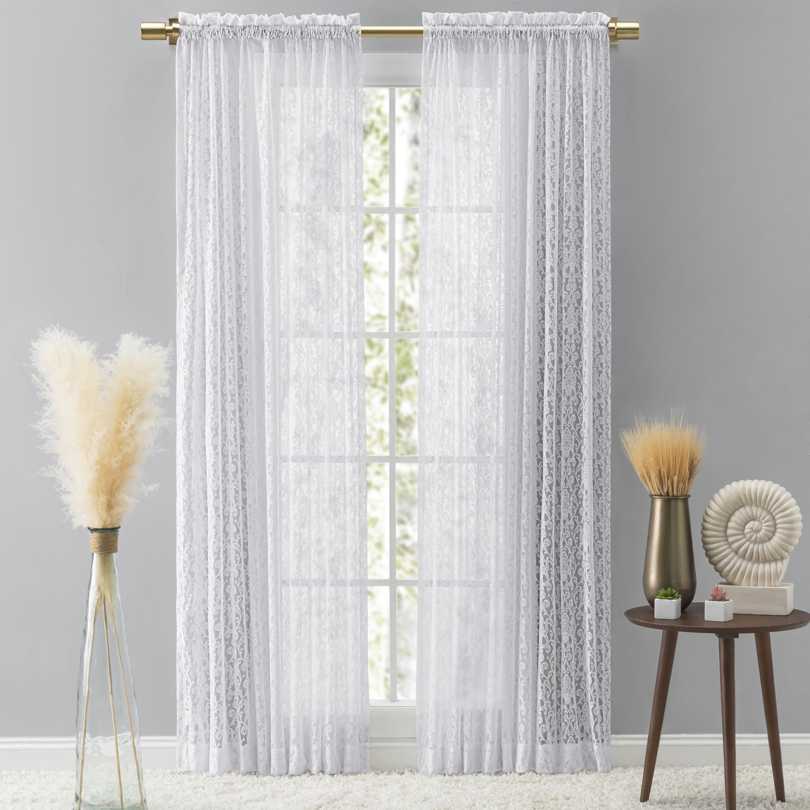 Elainah Premium Lace Semi-Sheer Rod Pocket Curtain Panel, White, 54" W x 63" L
