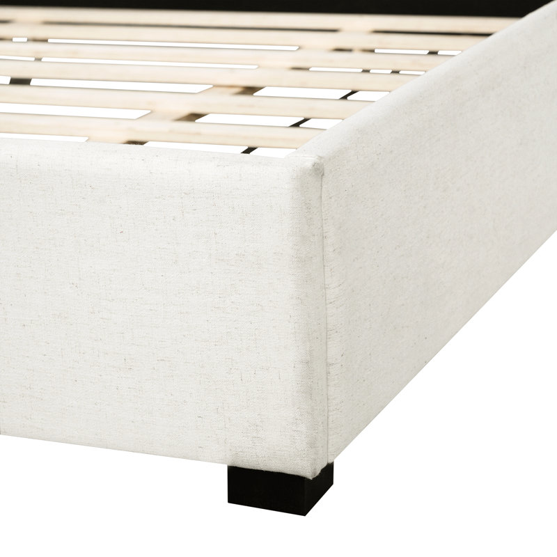 Structure de lit tapissier très grand avec mélange de lin beige, rembourrage abondant et support en bois d'hévéa massif et doux, pieds de tête de lit confortables
