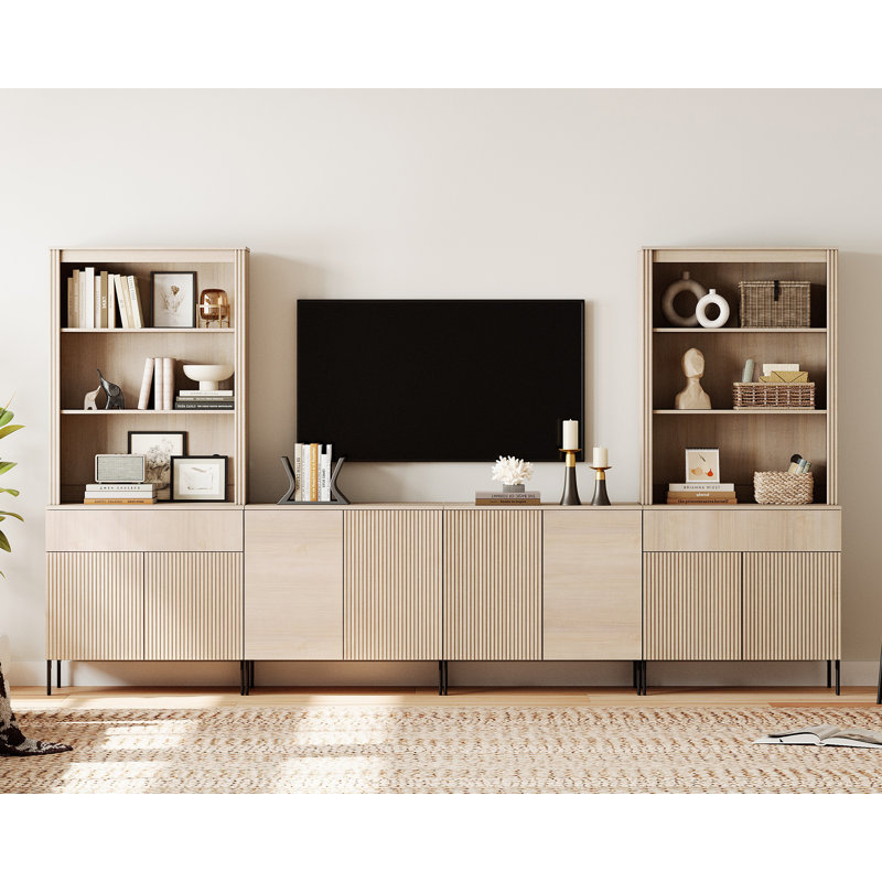 Meuble télé et centre multimédia WAMPAT en bois avec 2 tiroirs et 8 portes pour téléviseurs jusqu'à 75 pouces, console cannelée pour salon, chambre et cinéma maison, beige