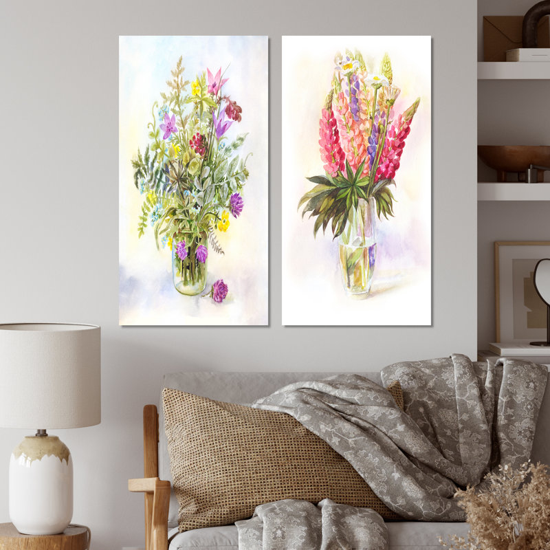 Bouquet de lupins roses en fleurs - Ensemble de 2 peintures sur toiles, Toile tendue, H 20 po x l 24 po x P 1 po