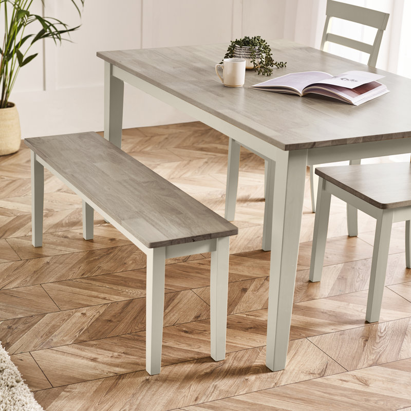 Ensemble de table de salle à manger extensible Alissah, 5 pièces: table, 2 bancs, 2 chaises, Blanc / Gris