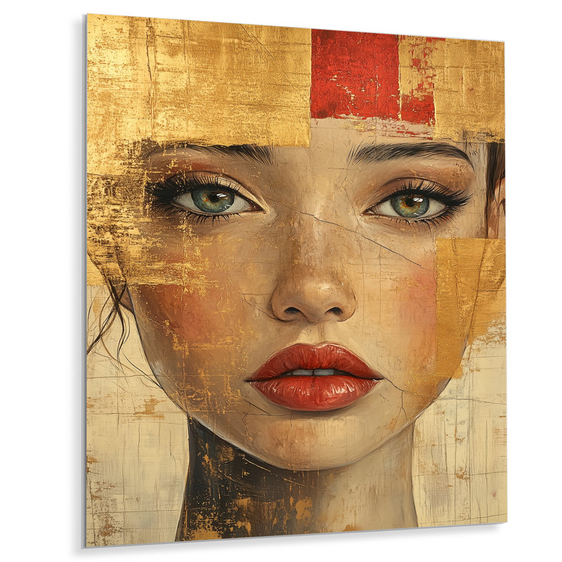 Portrait au regard doré - Décoration murale élégante pour femme, imprimée sur métal, H 20 po x l 12 po