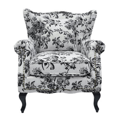 Vintage Floral Wingback Armchair with Black Rubberwood Legs