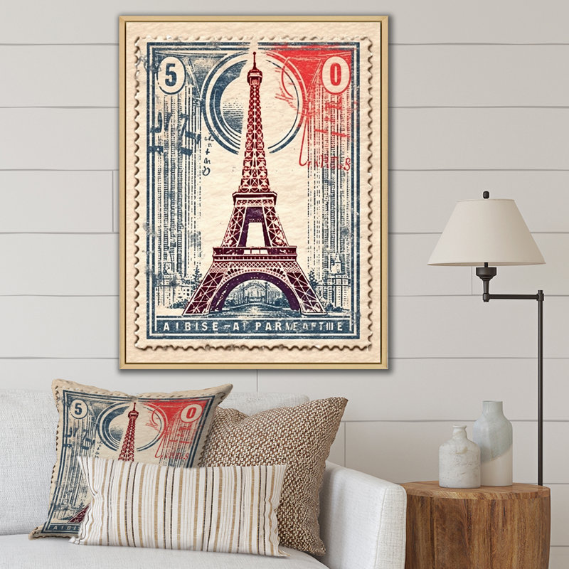 «Retro Stamp Illustration Paris Eiffel Tower I», reproduction sur toile, H 32 po x l 16 po x P 1 po, Cadre flottant brun