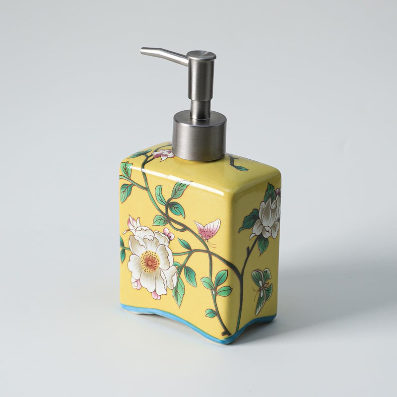 13oz Yellow Ceramic Soap Dispenser | Flower Pattern Lotion Bottle with Removable Pump | for Kitchen/Bathroom Soap & Oils