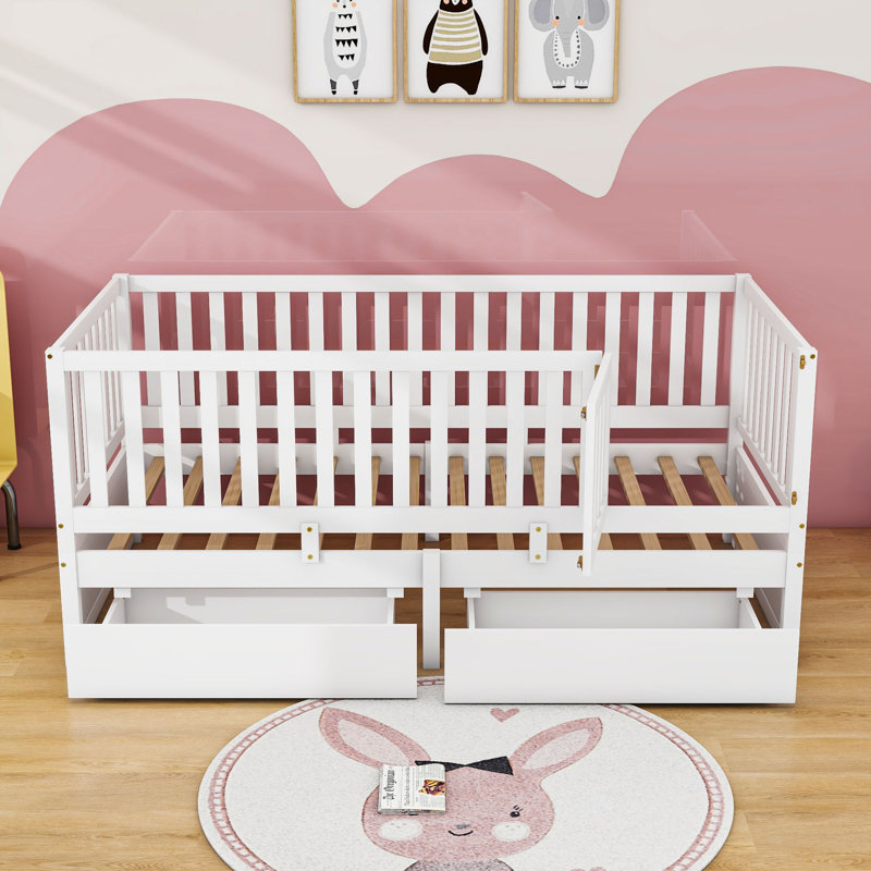 Storage Wooden Floor Bed with Guardrails and 2 Drawers, Twin, White