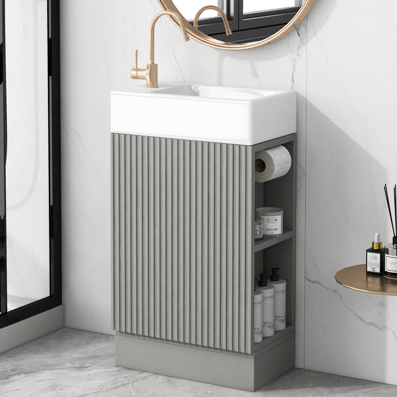 Meuble-lavabo moderne gris 18,6 po avec armoire et lavabo en céramique, meuble-lavabo à tablettes pliable, Gray