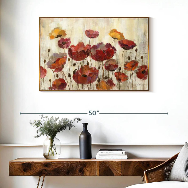 Coquelicots sous la pluie, Cadre flottant doré, 37 po x 25 po