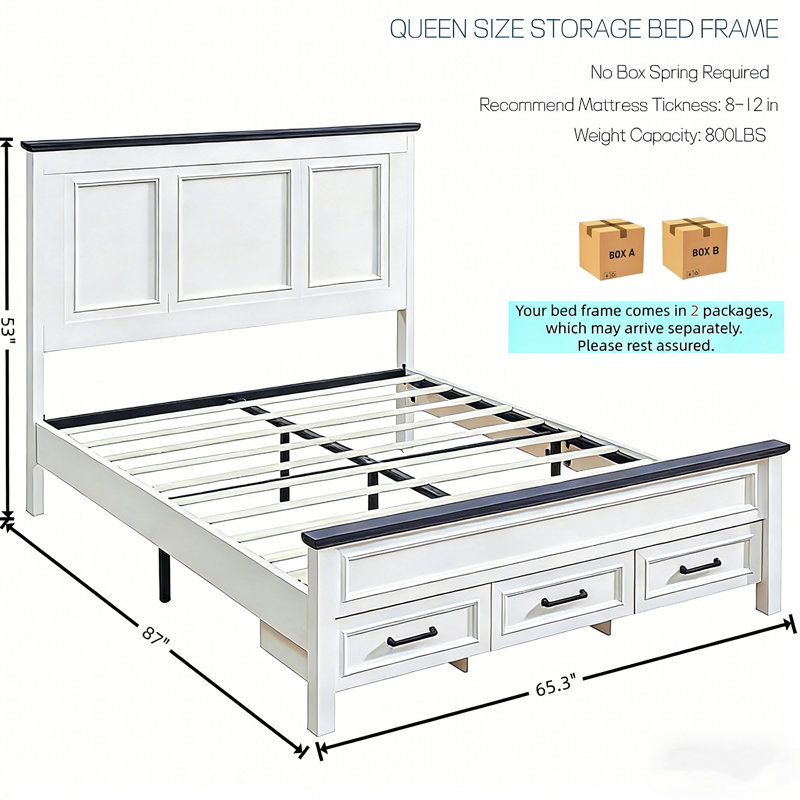 Farmhouse Platform Bedframe, Wood Bed Frame With 52" Tall Headboard, White, Queen