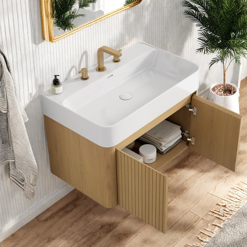 Meuble-lavabo flottant avec lavabo, contreplaqué 36 po, rangement pour salle de bain en chêne moderne, 29.53