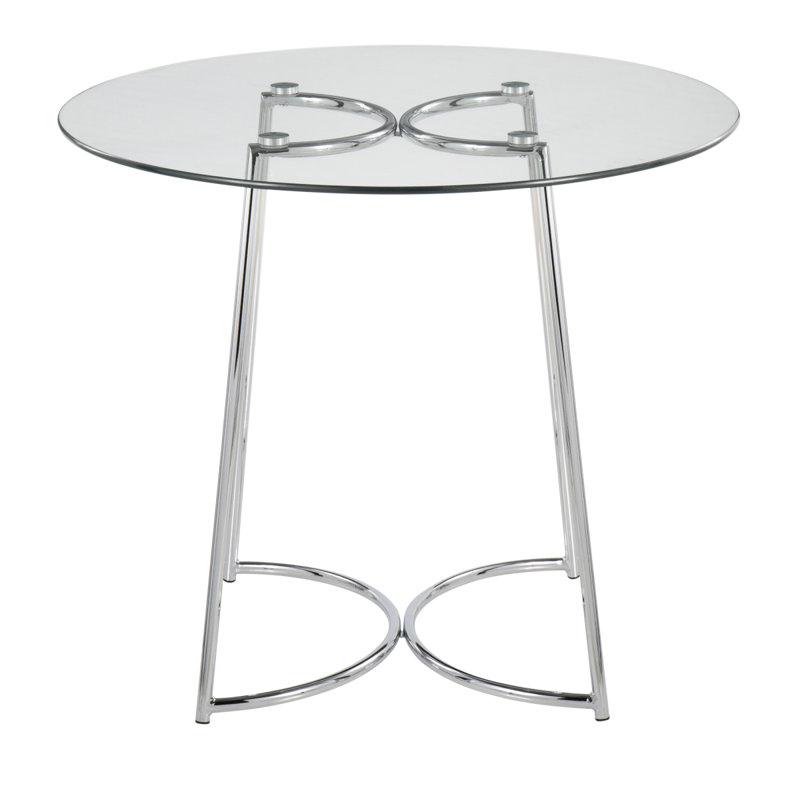 Table de salle à manger contemporaine en chrome avec plateau en verre transparent