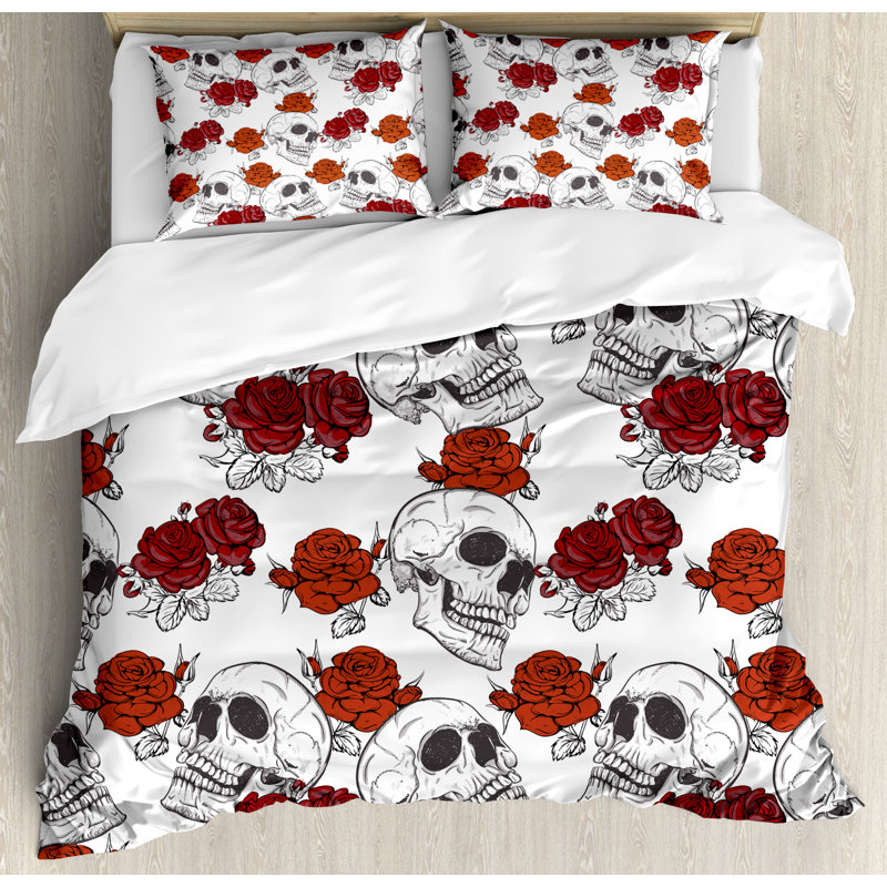 Skull Decorations Traditional Floral Duvet Cover, King