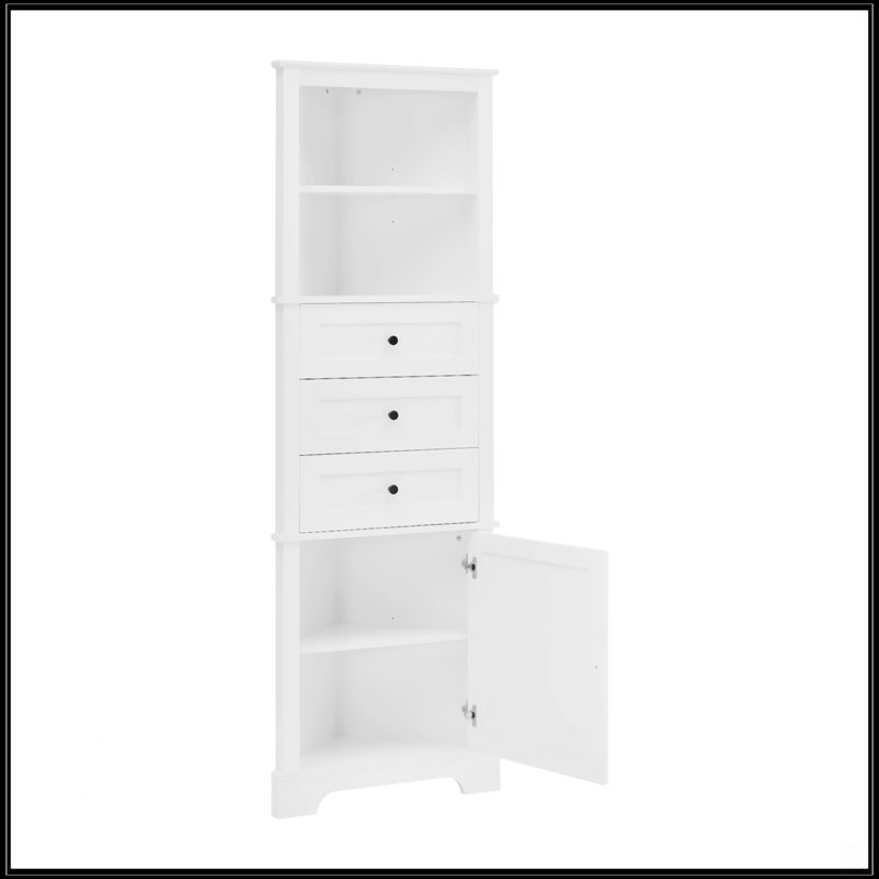 Grande armoire triangulaire blanche avec 3 tiroirs et tablettes réglables pour la salle de bain, Blanc