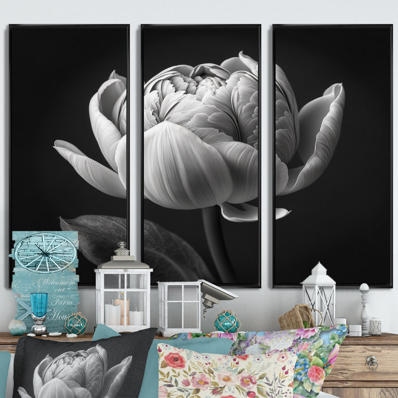 Gros plan sur une tulipe noire et blanche I - reproduction de cadre flottant 3 pièces sur toile, H 28 po x l 36 po x P 1 po