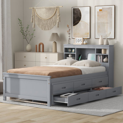 Lit plateforme simple avec tête de lit, ports USB, 3 tiroirs et lit gigogne simple, gris
