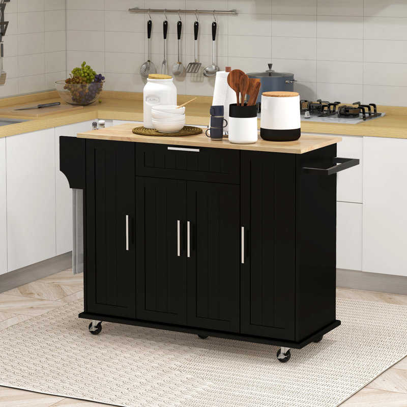 Îlot de cuisine mobile avec surface en bois d'hévéa, tiroir, étagère à épices, porte-serviettes et tablettes de rangement réglables, roulettes noires