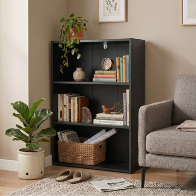 Bibliothèque l 24,5 ", bibliothèque à 3 niveaux avec tablettes ouvertes pour le salon, la chambre à coucher et le bureau personnel, noir