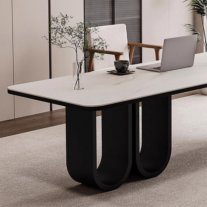 White,Black Rectangular Sintered Stone Solid Wood Writing desk