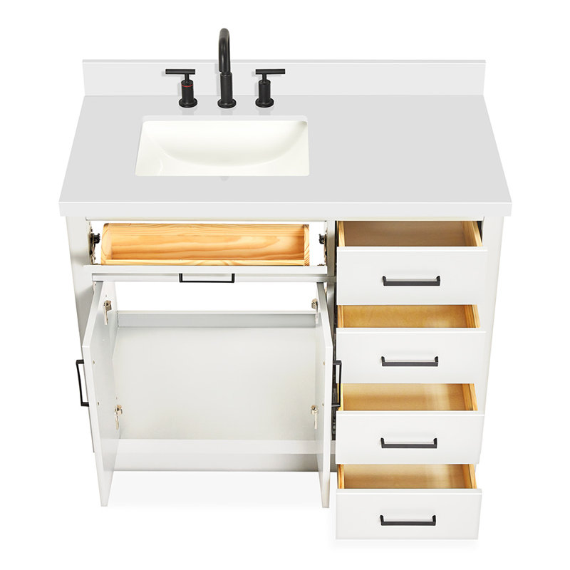 Tidworth 42'' Solid Wood Single Bathroom Vanity with 1.5'' Quartz Top, Left, Rectangular, White