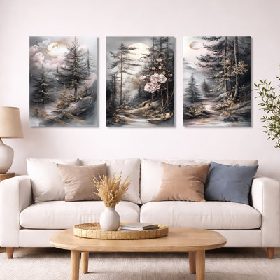 Décoration murale 3 pièces arbres de pin givrés et clair de lune - Forêt dorée