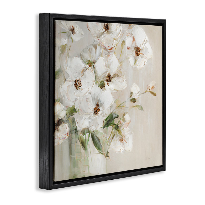  «Simple Blossoms on Beige» par Sally Swatland, Cadre flottant noir de jais, H 18 po x l 18 po