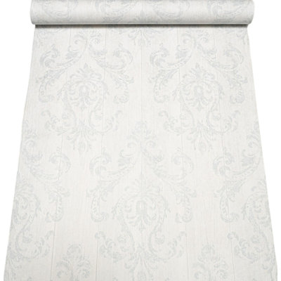 Grandeco Modern Shabby Chic Wood Plank Damask Wallpaper Distressed White Cream 32017