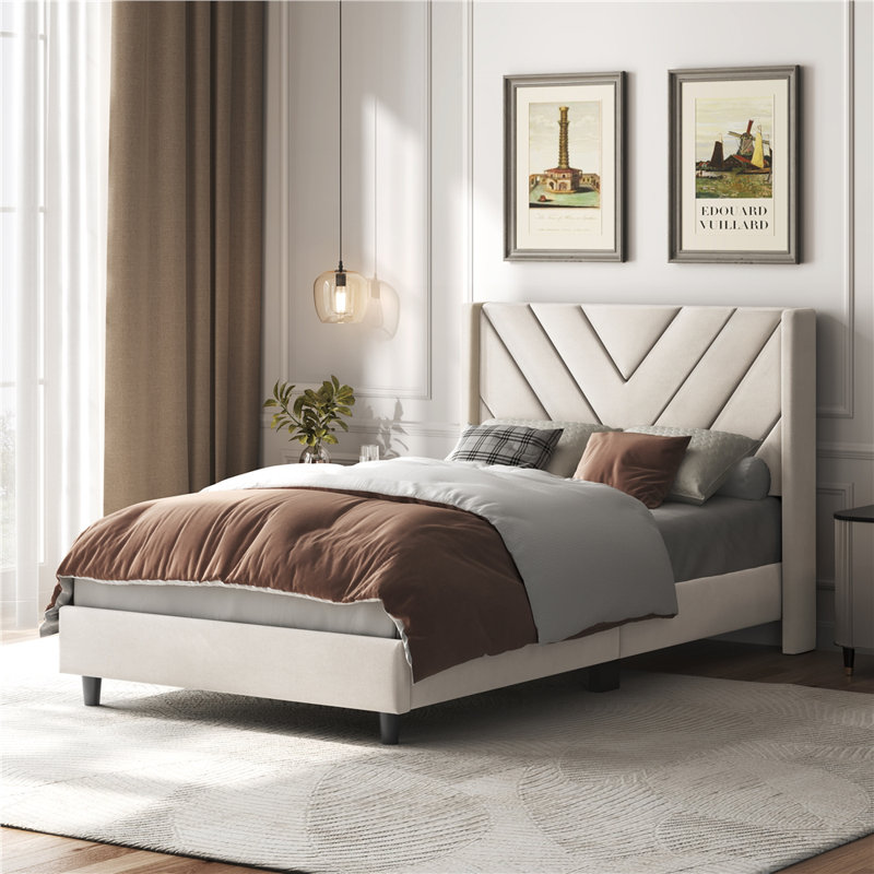 Permelia Upholstered Bed Tufted Headboard with Wing Side, Beige, Twin