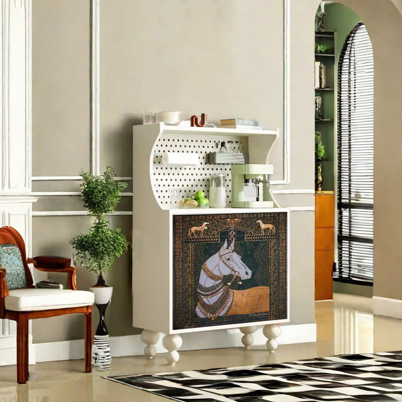 Animal print multi-functional art accent cabinet, Ivory White