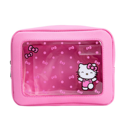 Impressions Vanity Presents A  Hello Kitty Bows Window Cosmetic Pouch. Hello Kitty Themed Organizing Bags Are A Charming And Vibrant Accessory, Perfect For Its Fans. The Cute Travel Bag Is Rectangular In Shape With Rounded Edges And Is Wrapped In A Brigh
