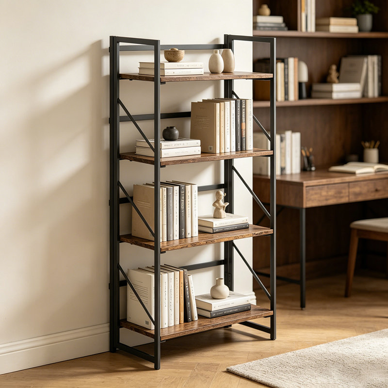 Bibliothèque pliante, bibliothèque industrielle pliante en bois à 4 niveaux avec structure en métal, sans assemblage, Brun
