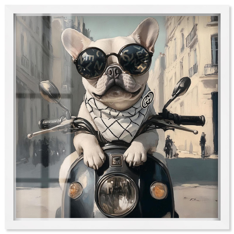 Décoration murale mignonne «Frenchie on a Scooter Drive» par Art Remedy, H 25 po x l 25 po, Blanc