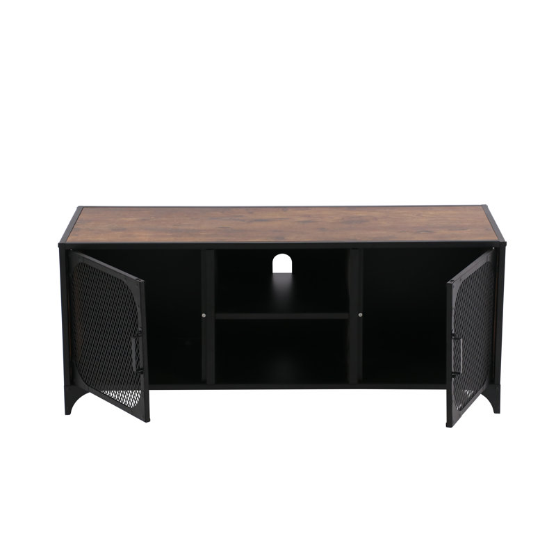 Black Steel and Wood 2-Door TV Cabinet with Mesh Panels