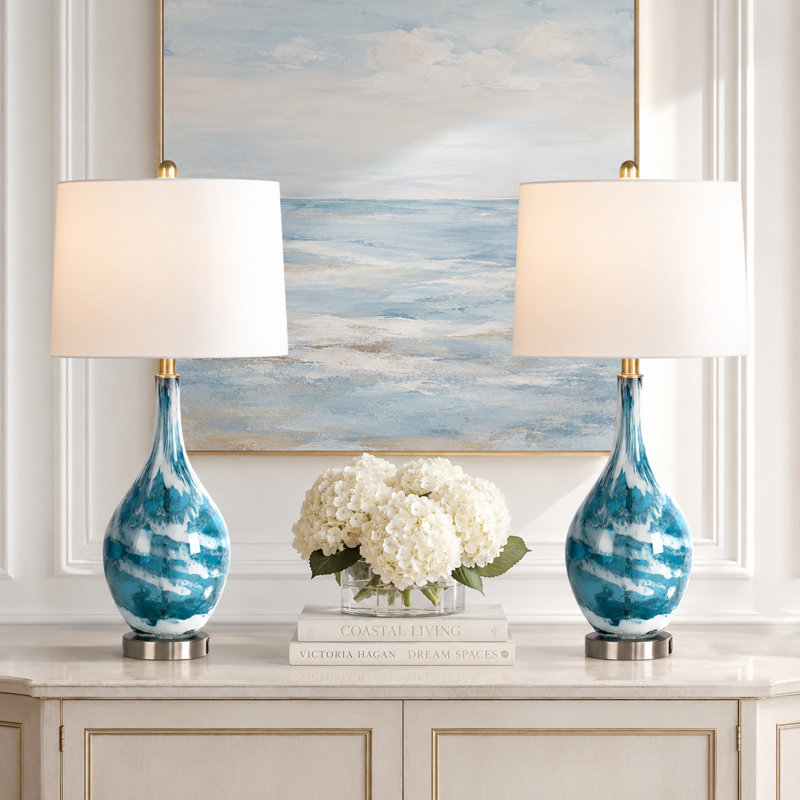Aitkin 28" Coastal Blue Glass Table Lamp with 3-Way Dimmable Lighting and USB Port 