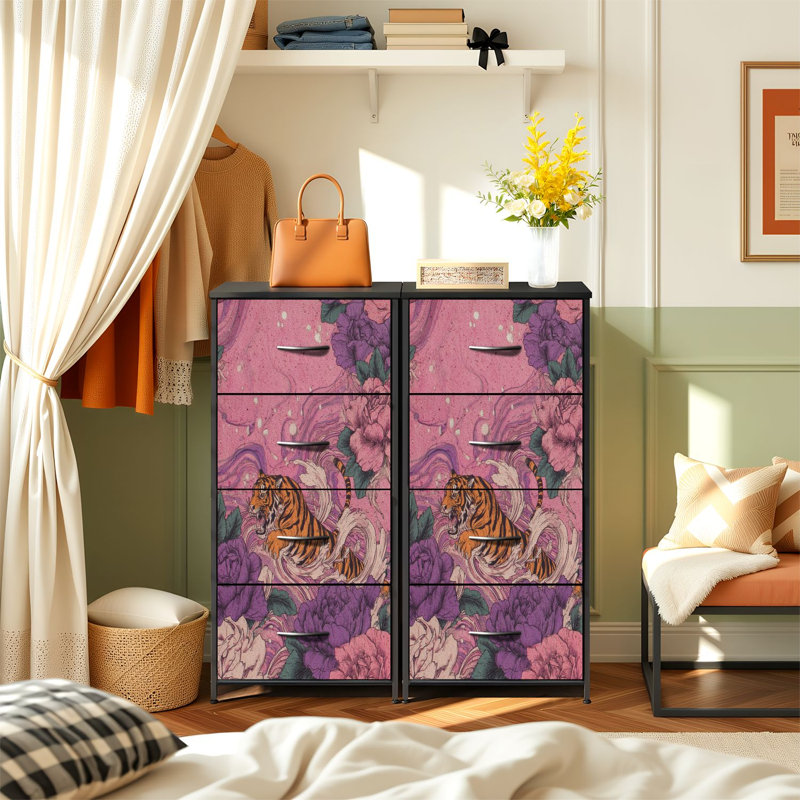 Commode pour chambre à coucher avec 4 tiroirs de rangement Majestic Tiger au milieu de pivoines mauves