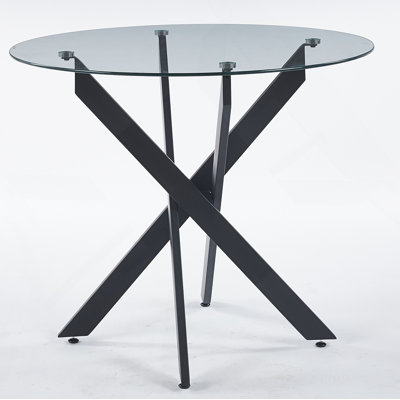 Black Dining Table With Cross Metal Leg And Tempered Glass,Modern Space Saving Kitchen Table For Living Room