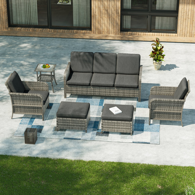 Ensemble de patio 6 pièces avec canapé 3 places, patio en rotin de polyéthylène avec coussins épais et structure robuste